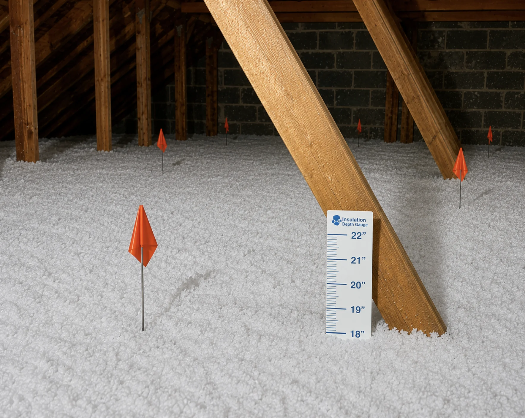 Blown-in attic fiberglass insulation installed to proper depth