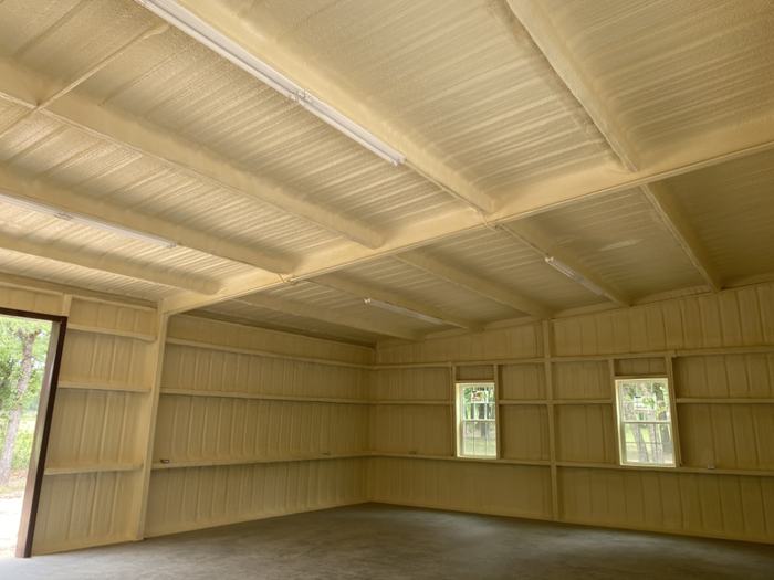 Same Granbury, TX shop after closed-cell spray foam insulation was applied to walls and ceiling